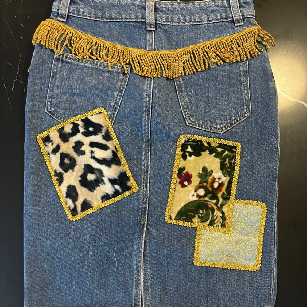 Jeremy Scott NEW $800 Jean pencil fringe skirt denim RUNWAY size 38 XS-S